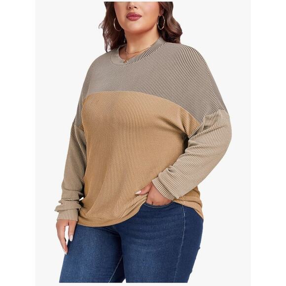 DOKOTOO Soft Ribbed Color Block Oversized Long Sleeve Pullover Top 2XL Brown Tan - Picture 1 of 13